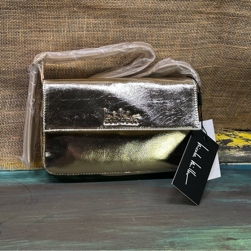 Nicole Miller classic‎ preppy minimalist gold metallic purse handbag NWT